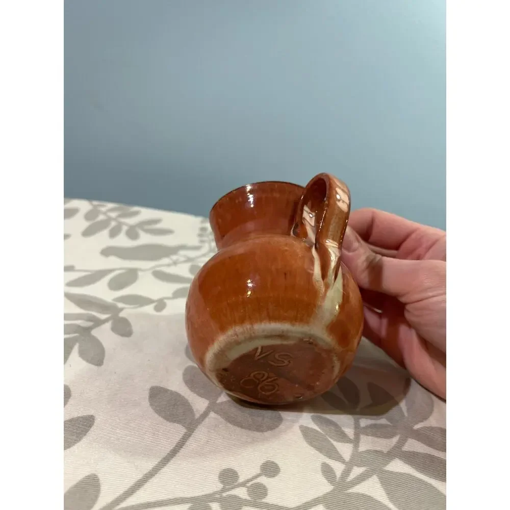 Hand Thrown Studio Pottery Creamer Brown Flambe Glaze Pitcher Signed 1986